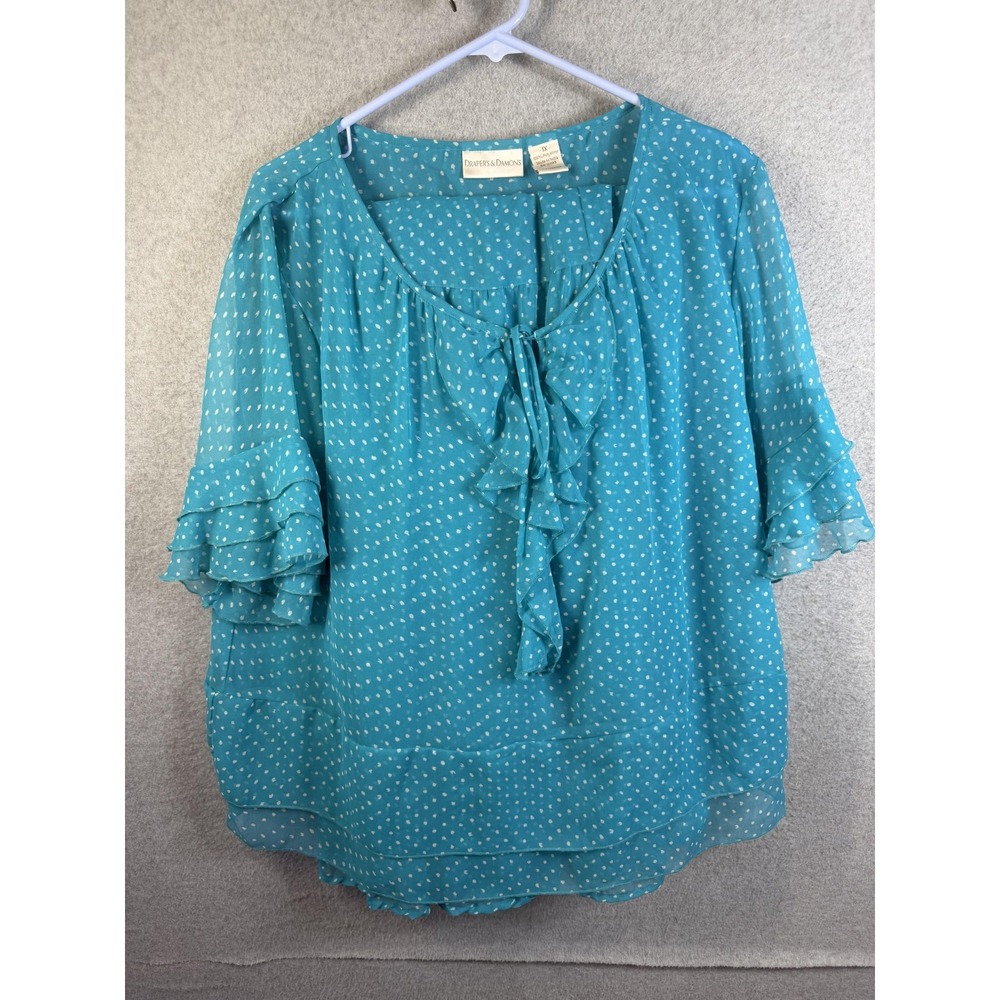 Draper's & Damon's Top & Skirt Set Womens 1X Blue Polka Dot Chiffon Ruffle